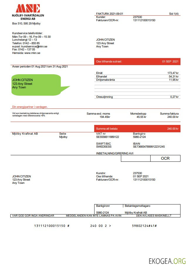 Sweden Mjölby Kraftnat AB utility bill template in .doc and .pdf format